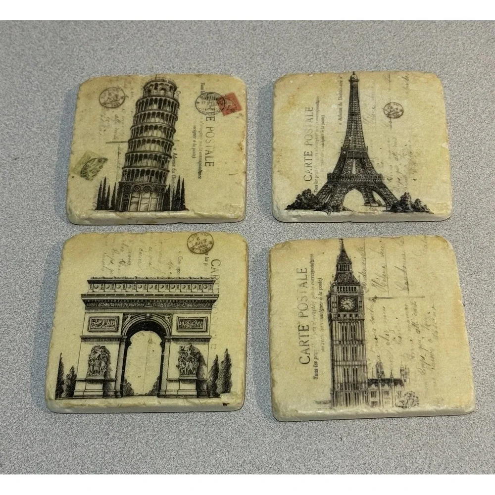 set of 4 cork-backed stone coasters featuring Europe Paris‎ Rome Travel Postcard
